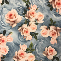 Richly Coloured Roses on Blue Brushed Poly Spandex